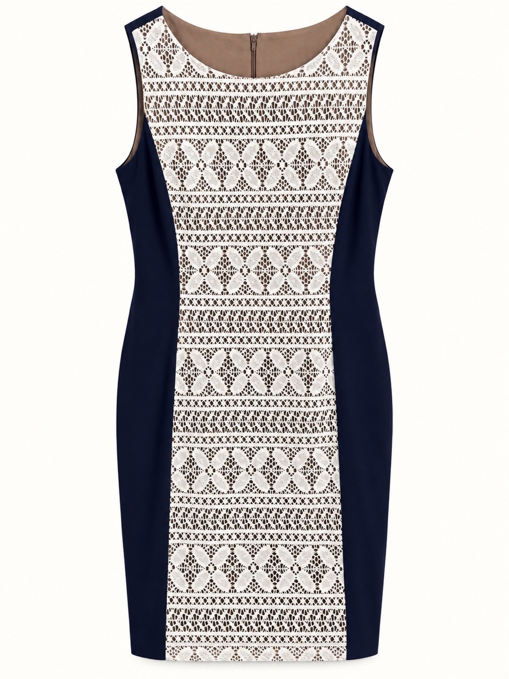 Sleeveless Navy Dress with White Lace Front Panel